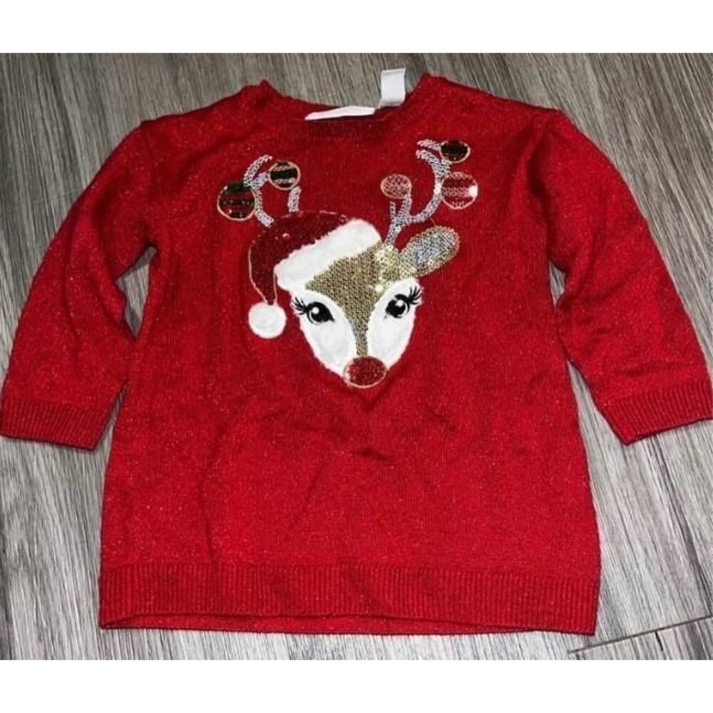 Girls 9-12 Months Red Sparkly Embellished Reindeer Christmas Holiday Sweater TCP